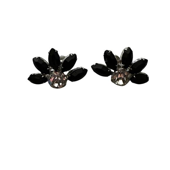 Vintage Clear and Black Rhinestone Screwback Earrings - Picture 1 of 6